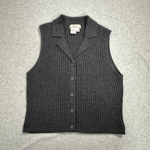 Vintage Eddie Bauer Sweater Vest Womens Large Gray Wool Ribbed Button Front 90s